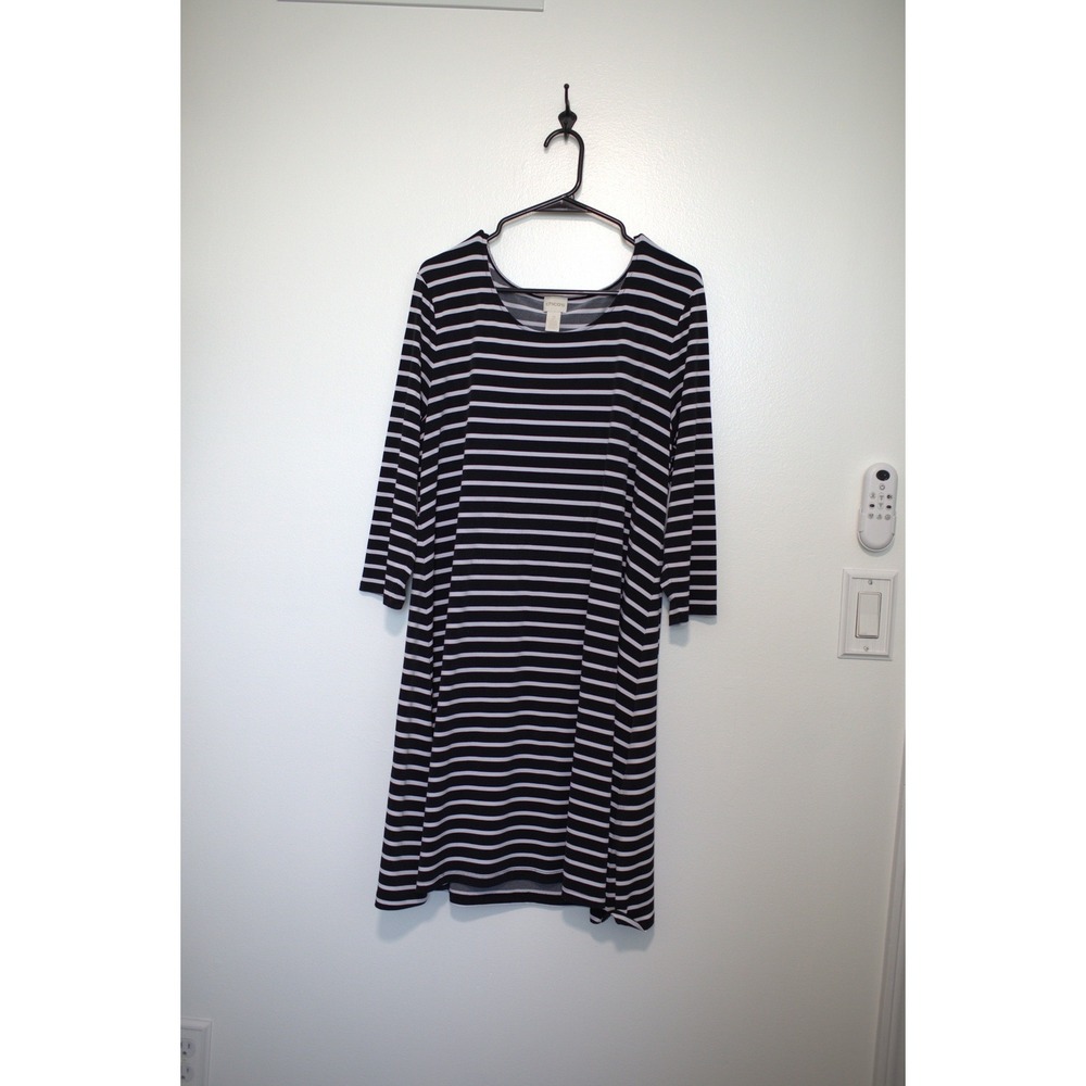 Chicos Striped Knit Dress Black White 3/4 Sleeve Scoop Neck Size 2 Large